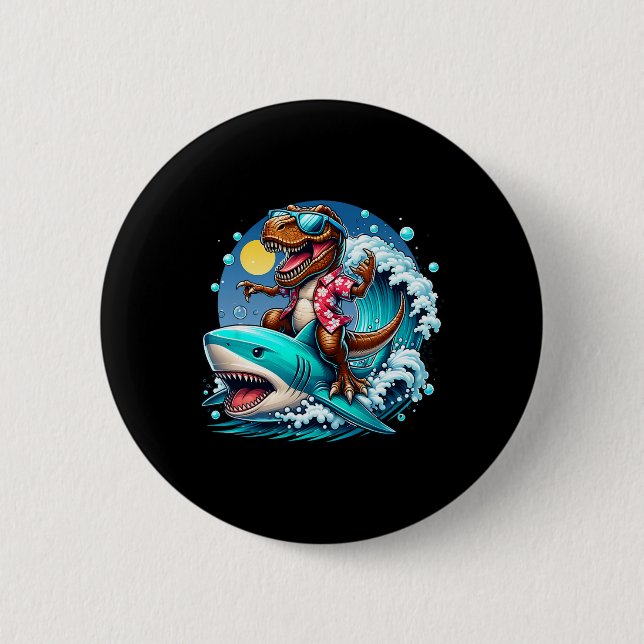 Beach Lover T-rex Dinosaur Riding Shark Surfing Oc 2 Inch Round Button (Front)
