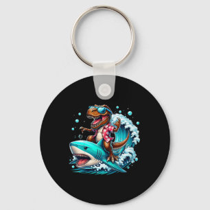 Beach Lover T-rex Dinosaur Riding Shark Surfing Oc Keychain