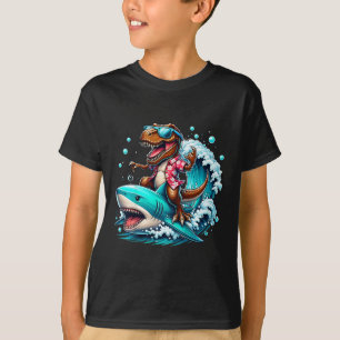 Beach Lover T-rex Dinosaur Riding Shark Surfing Oc T-Shirt