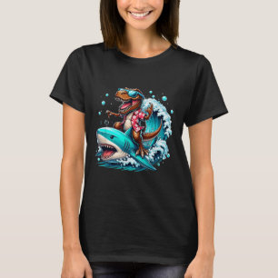 Beach Lover T-rex Dinosaur Riding Shark Surfing Oc T-Shirt