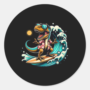 Beach Lover T-rex Dinosaur Riding Surfboard Surfin Classic Round Sticker