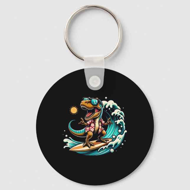 Beach Lover T-rex Dinosaur Riding Surfboard Surfin Keychain (Front)