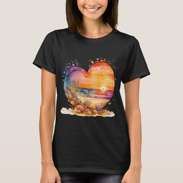 Beach Lover Watercolor Sunset Sea shells Gift T-Shirt (Front)