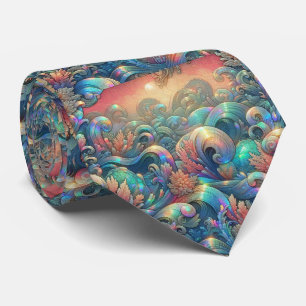 Beach Lovers Tie   Holographic Ocean Coral Pattern