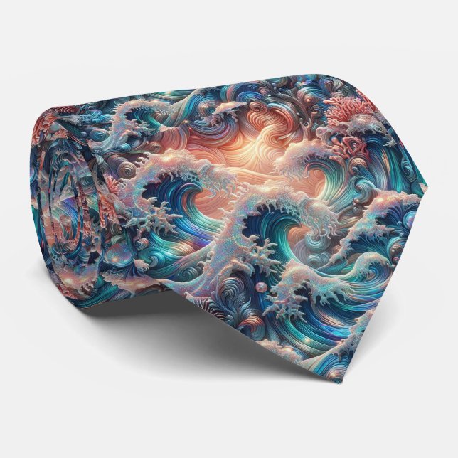 Beach Lovers Tie | Holographic Ocean Coral Pattern (Rolled)