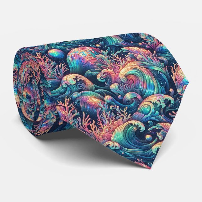 Beach Lovers Tie | Holographic Ocean Coral Pattern (Rolled)