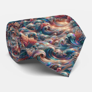 Beach Lovers Tie   Holographic Ocean Coral Pattern