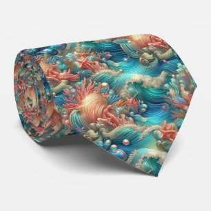 Beach Lovers Tie   Holographic Ocean Coral Pattern