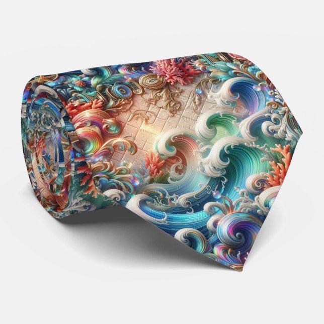 Beach Lovers Tie | Rainbow Ocean Coral Pattern (Rolled)