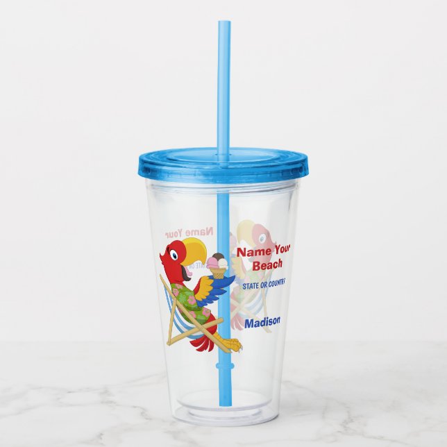 Beach Macaw custom name & text tumblers (Front)