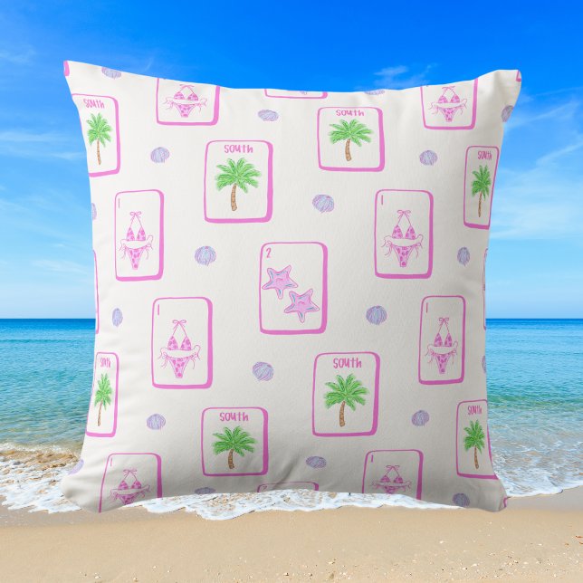 Beach Mahjong Bikini Starfish Palm Tree Coastal Throw Pillow (Creator Uploaded)