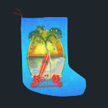 Beach Mele Kalikimaka Small Christmas Stocking<br><div class="desc">Mele Kalikimaka,  Hawaiian for Merry Christmas. Beach art with a palm tree decorated with Christmas lights and ornaments and a tropical ocean blue background.</div>