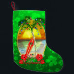 Beach Mele Kalikimaka Small Christmas Stocking<br><div class="desc">Mele Kalikimaka,  Hawaiian for Merry Christmas. Beach art with a palm tree decorated with Christmas lights and ornaments.</div>