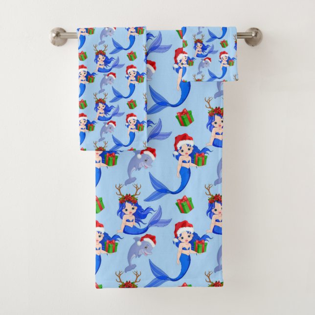 Beach mermaids dolphins Christmas Bath Towel Set (Insitu)
