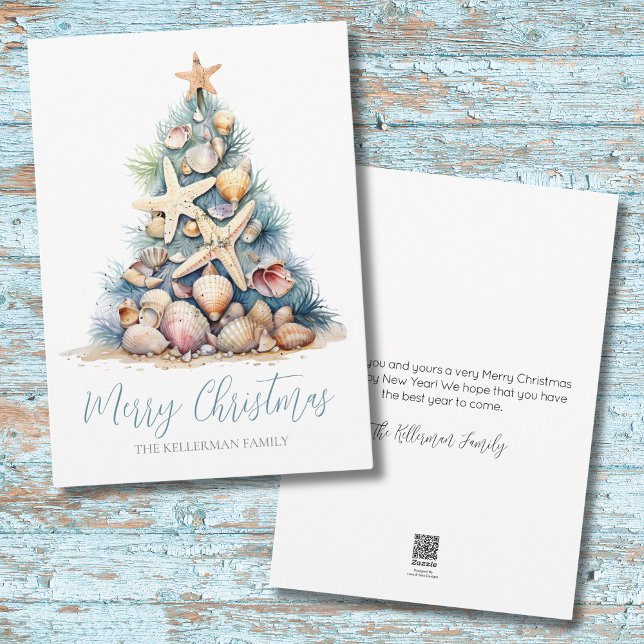 Beach Merry Christmas Holiday Card (Christmas Tree Seashell Beach Holiday Card)
