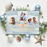 Beach Merry Christmas Wood Photo Coastal Gold Foil Holiday Card<br><div class="desc">Send warm Christmas wishes from the beach with this personalized coastal holiday card with 3 photos,  and “Merry Christmas” script calligraphy printed with real gold foil. In the centre is a group of watercolor seashells,  with a beach wood background.</div>