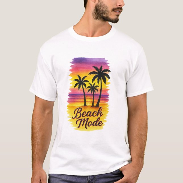 Beach Mode – Tropical Sunset with Three Palms T-Shirt (Front)
