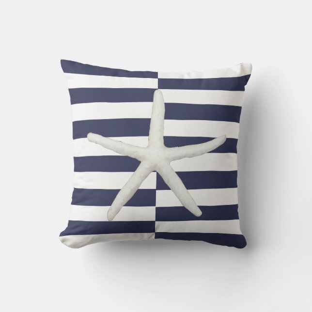 Beach Modern Starfish Bold Striped Navy and White Throw Pillow (Front)