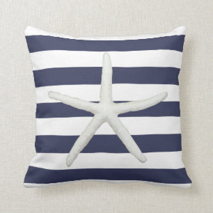 Beach Modern Starfish Simple Stripe Navy and White Throw Pillow