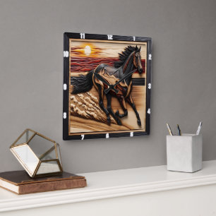 Beach Morgan Trot: Burned Wood Display Square Wall Clock