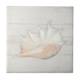 Beach Nautic Seashell Conch Tropical White Wood Tile