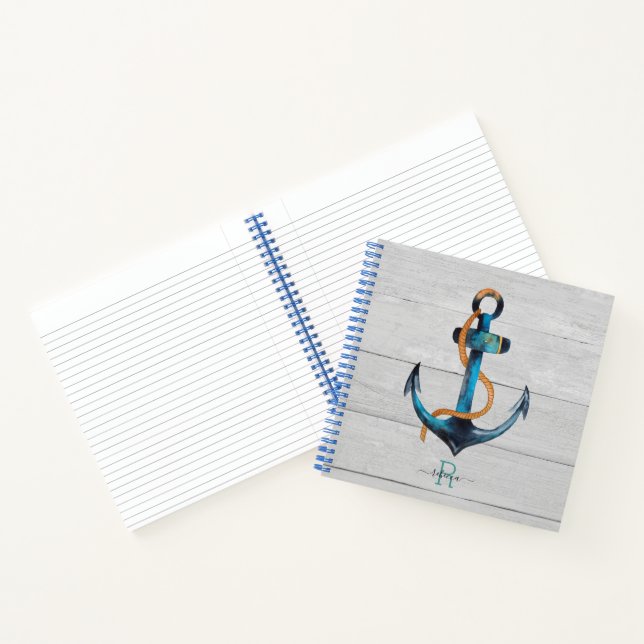 Beach Nautical Anchor Monogrammed Spiral Notebook (Inside)