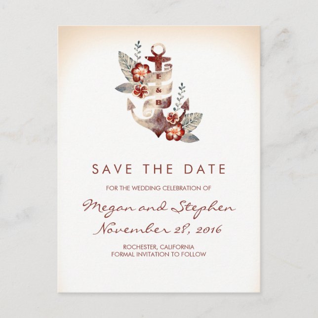 Beach - Nautical Floral Anchor Save the Date Announcement Postcard (Front)