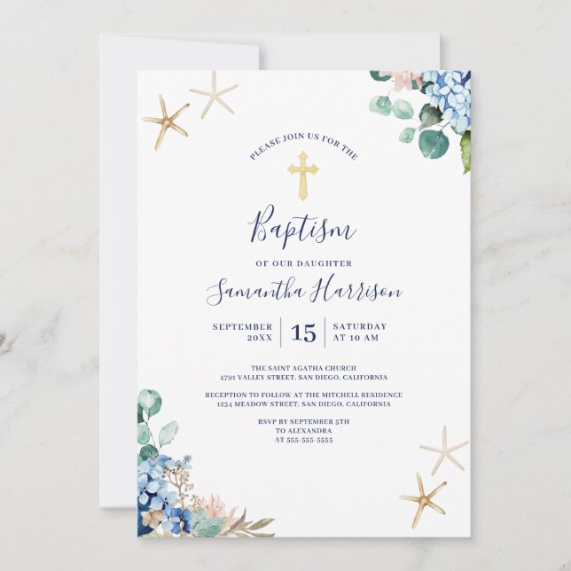 Beach Nautical Floral Gender Neutral Baptism Invitation (Front)