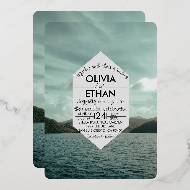 Beach nautical navy blue Wedding Foil Invitation (Front/Back)