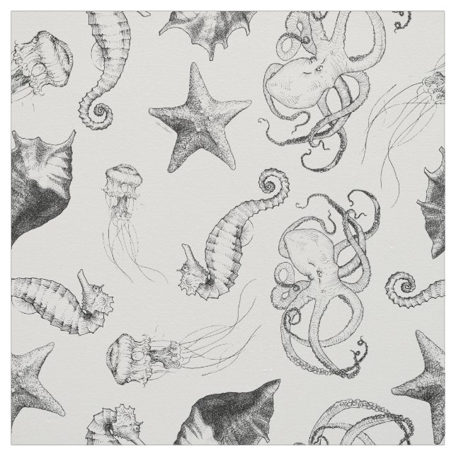 Beach Nautical Ocean Theme Black and White Ink Fabric (Swatch)