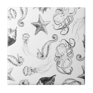 Beach Nautical Ocean Theme Black and White Ink Tile