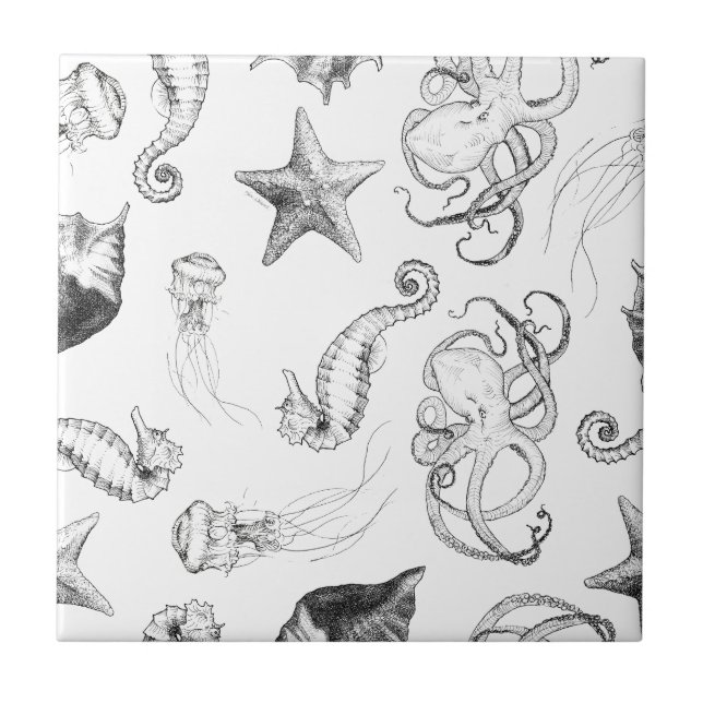 Beach Nautical Ocean Theme Black and White Ink Tile (Front)