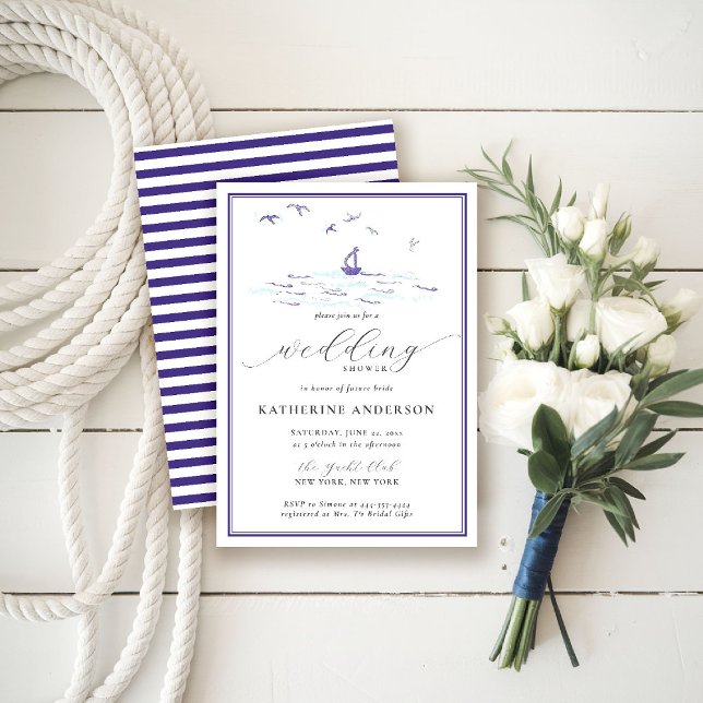 Beach Nautical Waves Boat Wedding Bridal Shower Invitation (nautical wedding shower invitation bridal coastal ocean beach waves boat birds modern elegant)