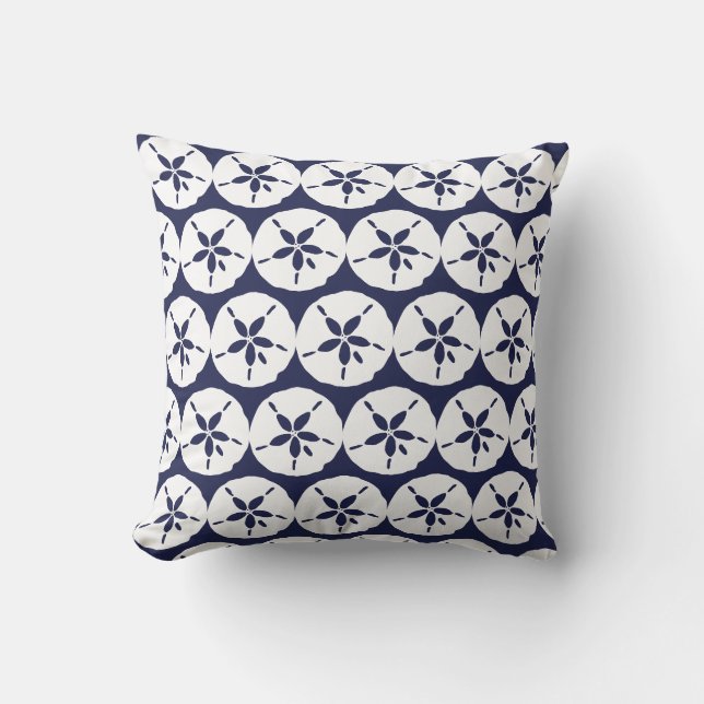 Beach Navy Blue and White Sand Dollar Seashells Throw Pillow (Front)