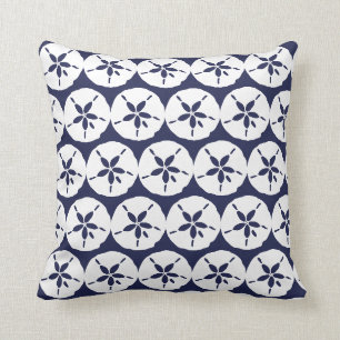 Beach Navy Blue and White Sand Dollar Seashells Throw Pillow