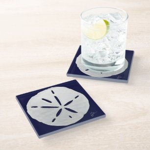 Beach Navy White Sand Dollars Coastal Glass Coaste Glass Coaster