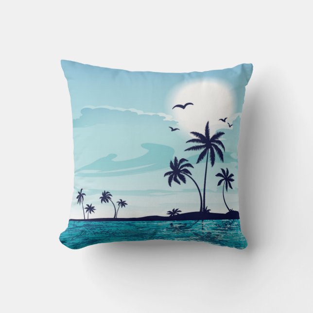 Beach Night with Moon Birds Palm Tree Ocean Cloud Throw Pillow (Front)