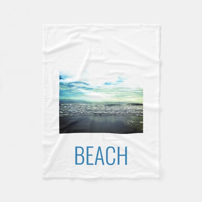 Beach Ocean Artistic Typography Blue White Scenic Fleece Blanket (Front)