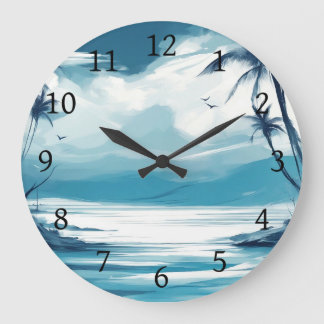 Beach Ocean Blue White sea Design 308 Large Clock