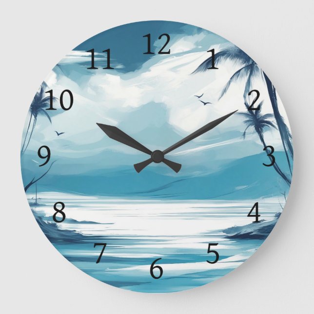 Beach Ocean Blue White sea Design 308 Large Clock (Front)