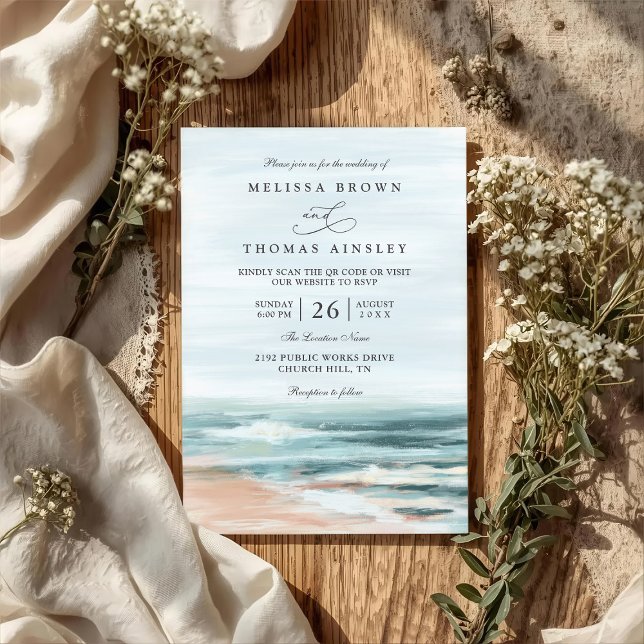 Beach Ocean Destination Elegant QR Code Wedding Invitation (Creator Uploaded)
