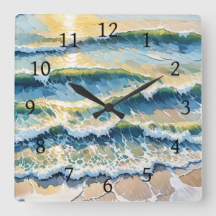 Beach Ocean Green Blue Yellow Design 345 Square Wall Clock