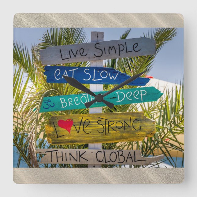 Beach Ocean Live Simple Inspirational Motivational Square Wall Clock (Front)