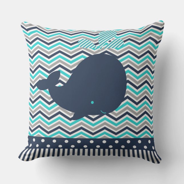 Beach Ocean Nautical Blue Whale Chevron Outdoor Pillow (Front)