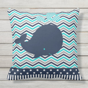 Beach Ocean Nautical Blue Whale Chevron Outdoor Pillow