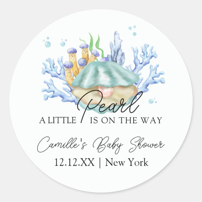 Beach Ocean Pearl Under The Sea Baby Shower  Classic Round Sticker (Front)