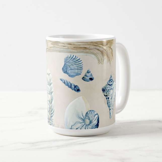 Beach Ocean Sea Shells Blue n White Feathers Wood Coffee Mug (Front Right)