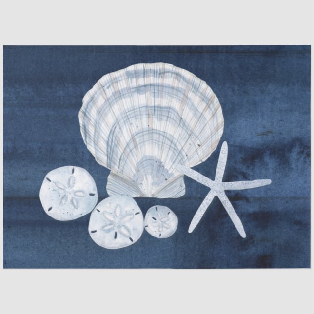 Beach Ocean Sea Shells Starfish Navy Blue White Tissue Paper (Front)