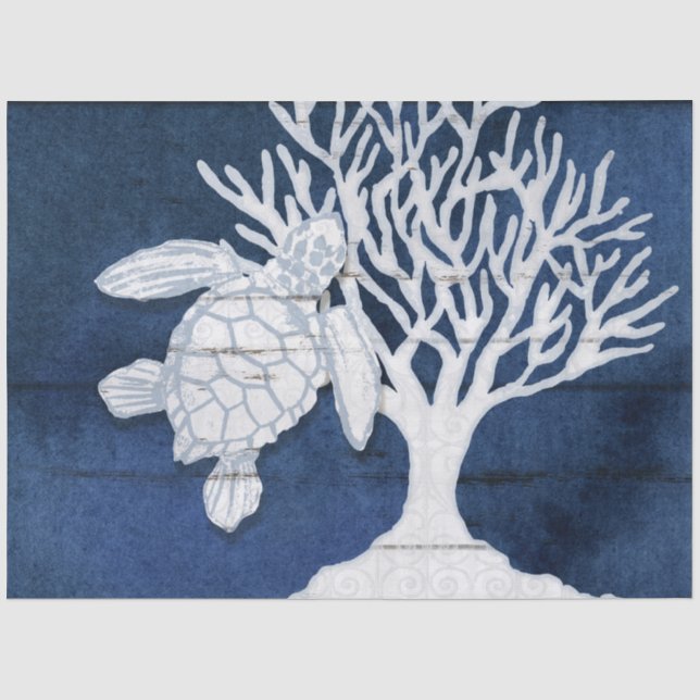 Beach Ocean Sea Turtle Coral Navy Blue White Wood  Tissue Paper (Front)