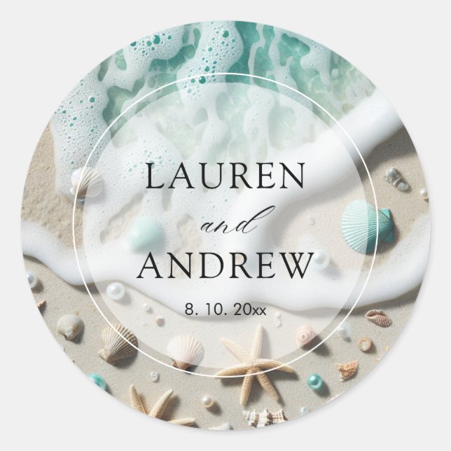 Beach Ocean Seaside Personalized Wedding Classic Round Sticker (Front)